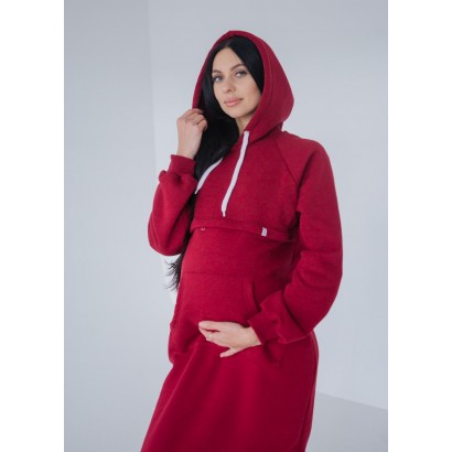 Утепленное платье для беременных с капюшоном и секретом для кормления Бордовый